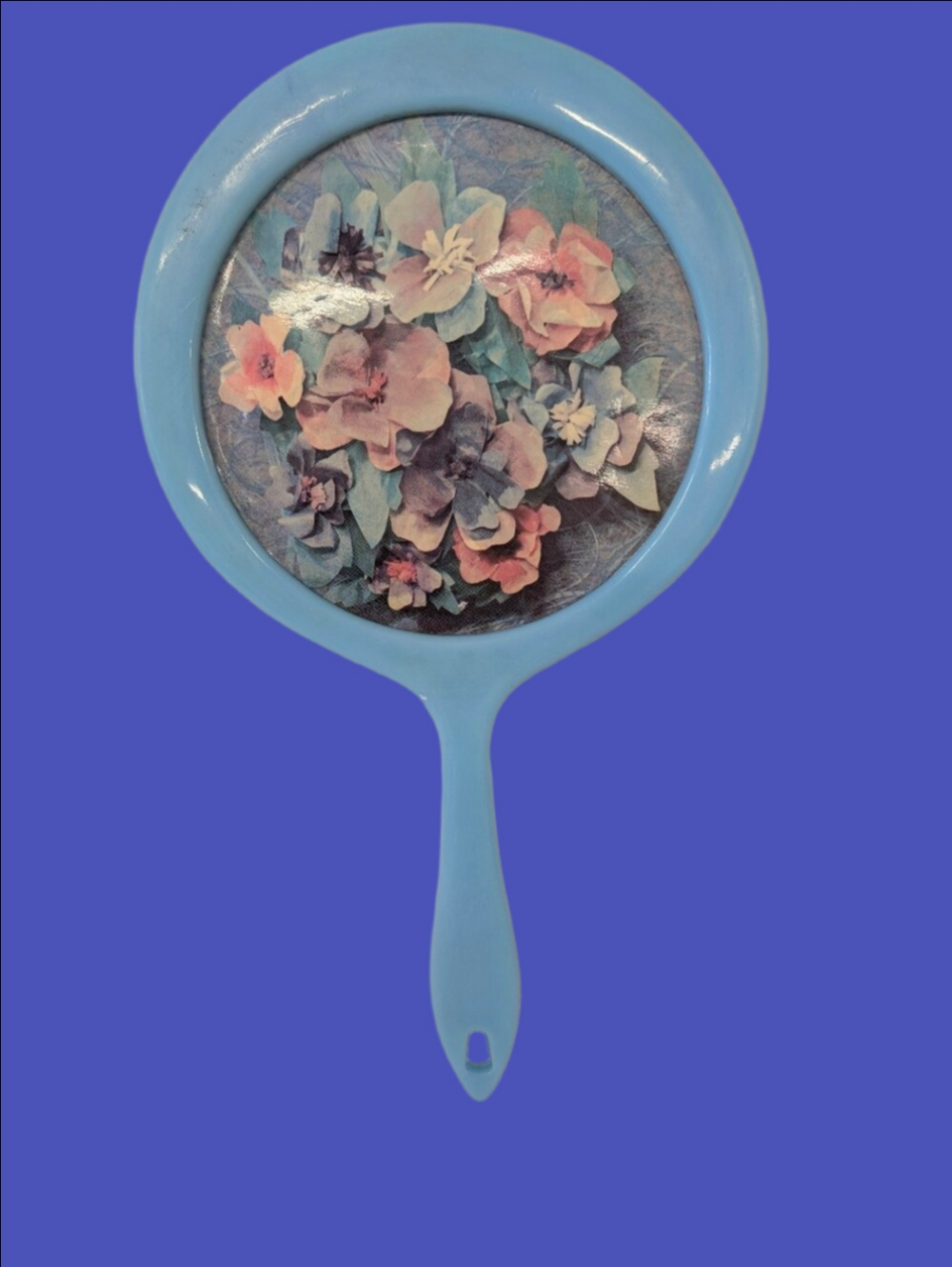 Vintage Hand Mirror Blue Floral Round Dresser Vanity  Plastic Handle 1950